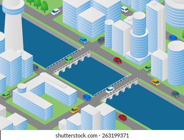 Illustration of buildings, bridges and vehicles