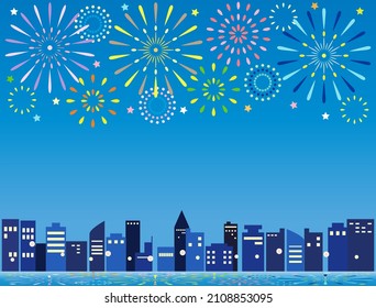 It is an illustration of buildings and fireworks.