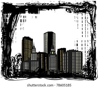 illustration with buildings in grunge frame