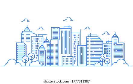 Illustration of buildings in line style with various shapes of buildings. Beautiful urban views with trees.