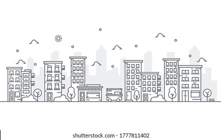 Illustration of buildings in line style with various shapes of buildings. Beautiful urban views with trees.