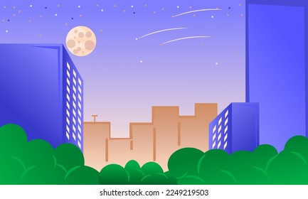 illustration of buildings at night with sky, moon and shooting stars