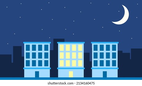 Illustration Of Buildings, With One Building Light Up In The Middle.