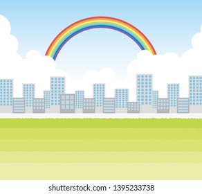 Illustration of buildings and rainbow