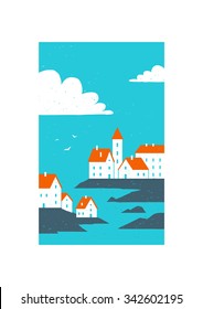 Illustration of buildings with red roofs near the sea in minimalistic style. Scandinavian landscape