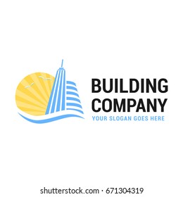 Illustration of buildings, sun and seagulls. Vector logo template for real estate, building company. Creative logotype. Can be used for real estate company in resort towns. Icon concept. Architecture