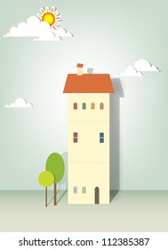 ilustración de edificios, árboles, nubes y sol