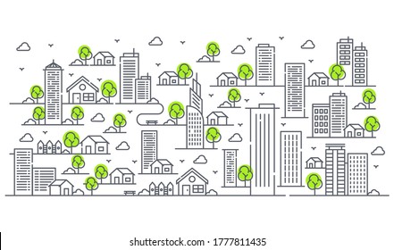 Illustration of buildings in various forms with trees. Beautiful urban views