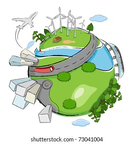 illustration of building,wind mill and tree around globe showing clean earth
