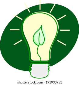 Illustration of bulb and leaf on a green background. Ecological emblem. Vector abstract illustration