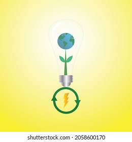 Ilustración de bombilla con plan, globo y símbolo de ahorro de energía. Concepto de energía verde y sostenible.