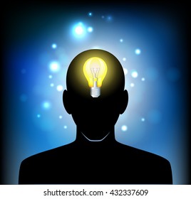 Illustration of bulb with silhouette human face