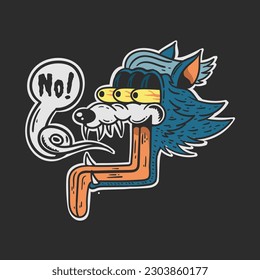 illustration of bulging eyes wolf with sticking out tongue in vintage style