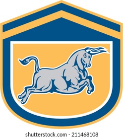 Illustration of a bull attacking charging viewed from the side set inside shield, crest on isolated background done in retro style.