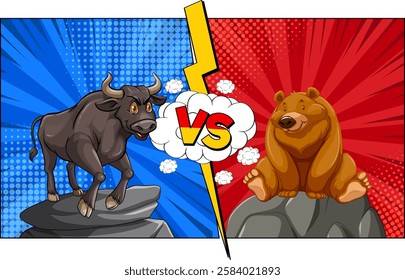 Illustration of bull and bear in comic style