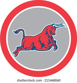 Illustration of a bull facing jumping attacking charging viewed from the side set inside circle on isolated background done in retro style.