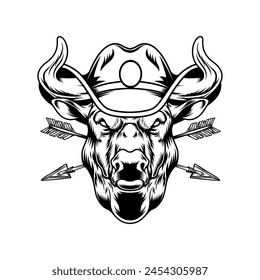 Illustration of bull head with cowboy hat in engraving style. Design element for logo, label, sign, emblem, badge. Vector illustration of a bull