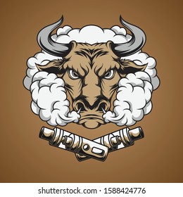 Illustration of bull head with vapor in vintage style