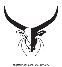 Illustration of a bull with huge horns. Vector bull head. The logo of a bull, a strong and dangerous animal. Modern print for clothing and poster.