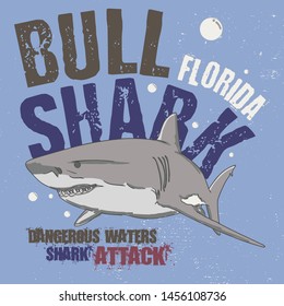 Illustration Bull Shark Attack In Florida. Fashion Drawing Tee Print Design