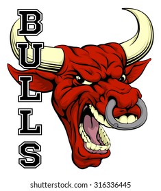 An illustration of a bull sports mascot head with the word bulls