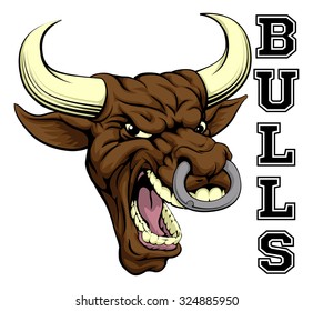 An illustration of a bull sports mascot head with the word bulls
