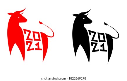 Illustration of a bull - the symbol of 2021. Happy New Year. Bull silhouette on white background and numbers 2021. Stock vector illustration. Element for flyer, banner, isolated bull silhouette logo