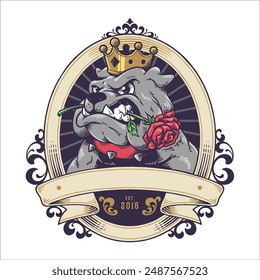 ILLUSTRATION OF A BULLDOG BITING A ROSE