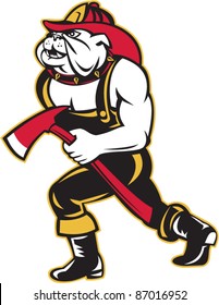 illustration of a bulldog dog fireman with axe walking done in cartoon style on isolated white background
