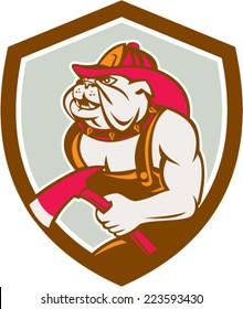 Illustration of a bulldog fireman firefighter holding axe facing side set inside shield crest on isolated background done in retro style. 