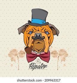 Illustration of a bulldog head with hat and bow tie