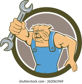 Illustration of a bulldog mechanic holding spanner facing front set inside circle done in cartoon style.