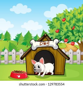 Illustration of a bulldog outside its dog house with a dog food