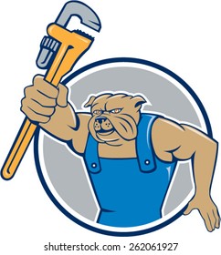 Illustration of a bulldog plumber holding monkey wrench facing front set inside circle done in cartoon style.