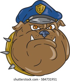 Illustration of a bulldog policeman police officer head viewed from front set on isolated white background done in cartoon style. 