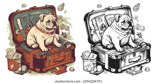 illustration of a bulldog sitting in a vintage suitcase.Illustration of T-shirt design graphic.	
