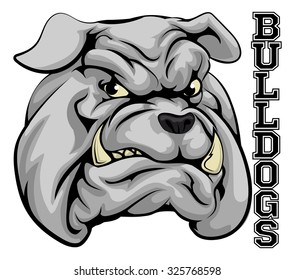 An illustration of a bulldog sports mascot head with the word bulldogs