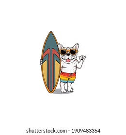 Illustration of bulldog and surfboard mascot vector The Concept of Isolated Technology. Flat Cartoon Style Suitable for Landing Web Pages, Banners, Flyers, Stickers, Cards