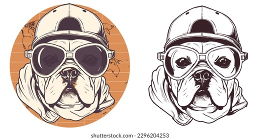 illustration of a bulldog wearing a pilot hat and sunglasses.Illustration of T-shirt design graphic.	
