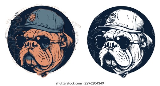 illustration of a bulldog wearing a pilot hat and sunglasses.Illustration of T-shirt design graphic.	
