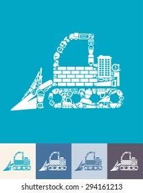 illustration of the bulldozer with icons composition