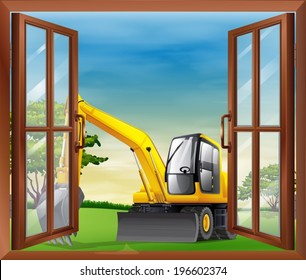 Illustration of a bulldozer outside the window