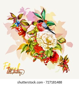 Illustration of bullfinch with flowers. Peony, wild flower with ash berry and leaves. Watercolor, hand drawn. Vector- stock.