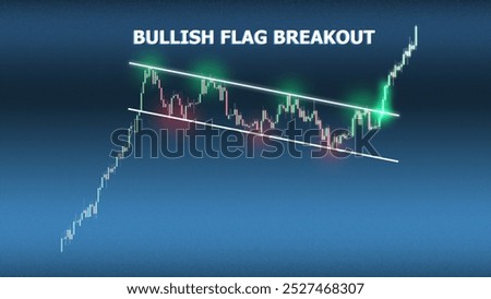 Illustration of bullish flag breakout pattern with glowing green breakout candlestick. Breakout confirmation. Perfect for technical analysis visuals.