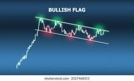 Ilustración de un patrón de bandera alcista. Destacando los rechazos de velas y el rebote en la línea de resistencia y Asistencia con brillos verdes y rojos. Perfecto para análisis técnicos visuales.