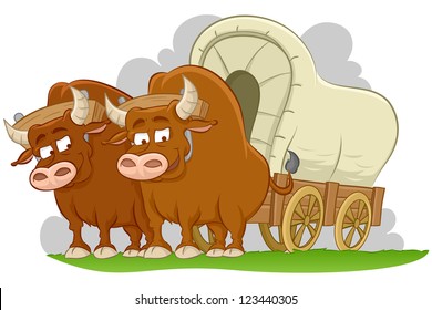 Illustration of bulls drawn covered wagon