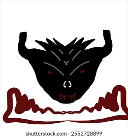 an illustration of a bull's head with horns rising upwards and red eyes and a mouth that looks like it is bleeding