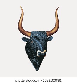 Illustration of a bull's head with large horns. The bull's head is depicted in a stylized manner, showcasing its prominent horns and strong features. Vintage animal illustration vector.