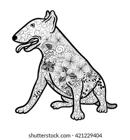 Illustration "Bullterrier dog" was created in doodling style in black and white colors.  Painted image is isolated on white background.  It  can be used for coloring books for adult.
