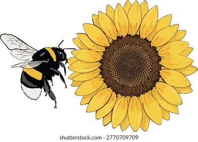 Illustration of a bumblebee flying towards a bright yellow sunflower with black and yellow, wildlife